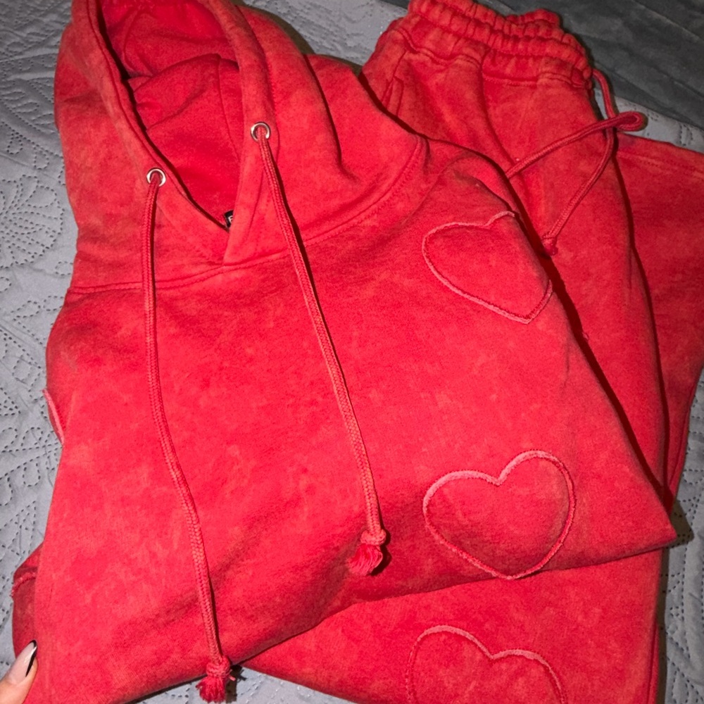 Fashion Nova Red Heart Embroidered Jogger Set